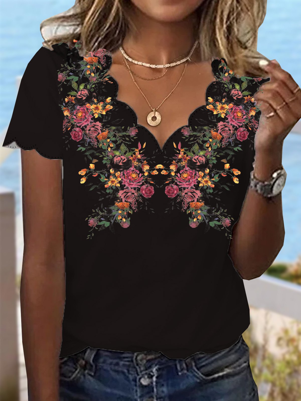 Casual Floral Jersey Lace Collar Blouse