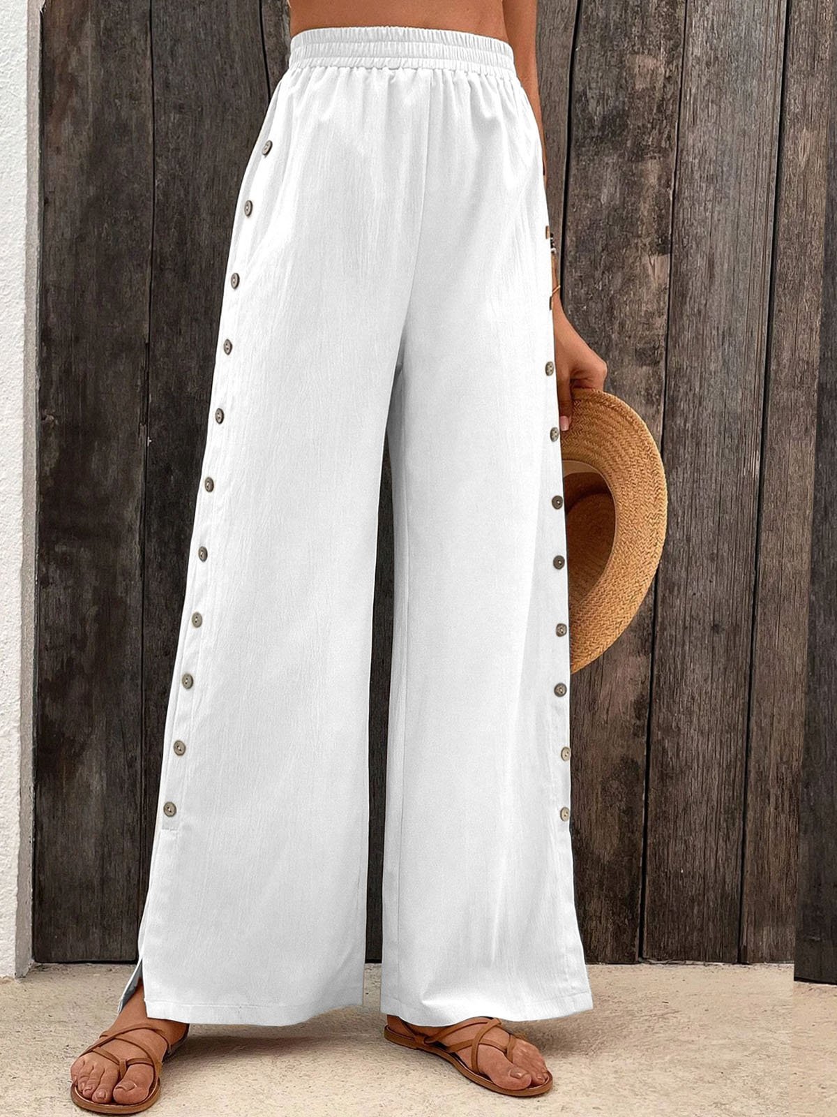 Cotton Casual Plain Button Detail Elastic Waist Wide Leg Pant