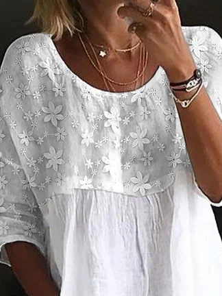 Women's Lace Embroidery Patchwork Linen Loose Crew Neck Split Joint Shirt