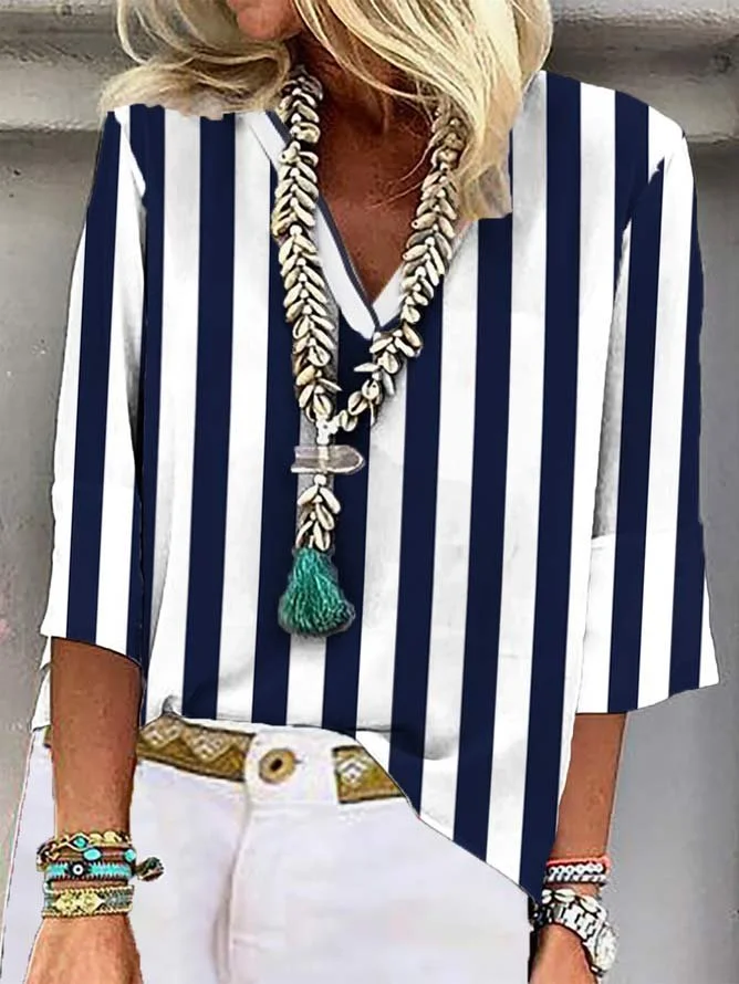 Striped Printing V Neck Casual Shirt