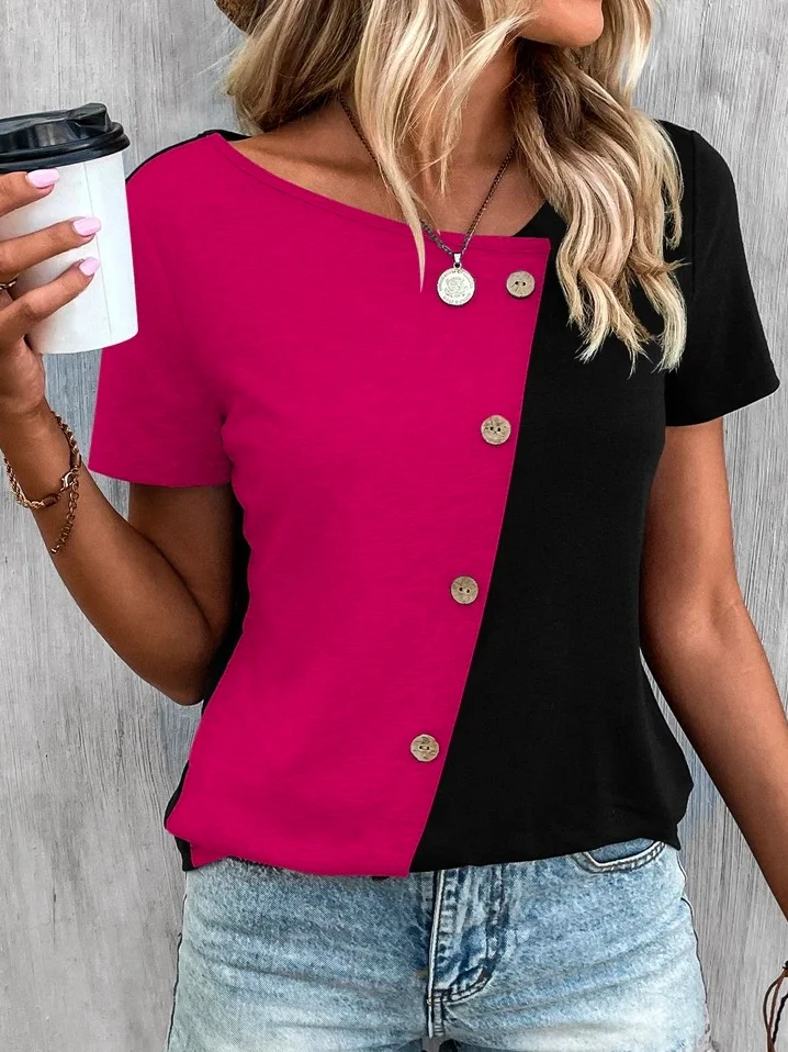 Casual V Neck Two Tone Button Front Color Block T-Shirt