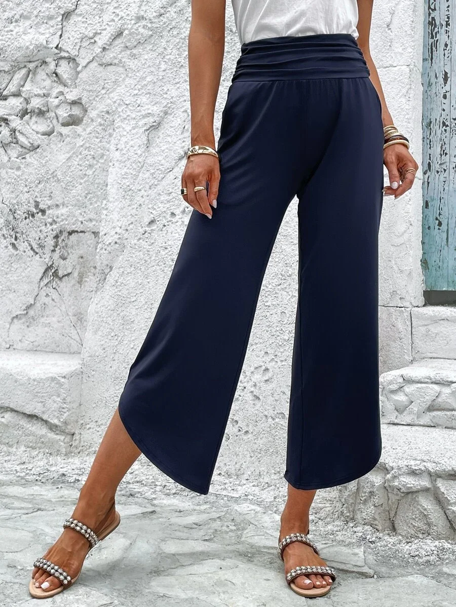 Loose Plain Casual Solid Slant Pocket Ruched Waist Straight Leg Pants