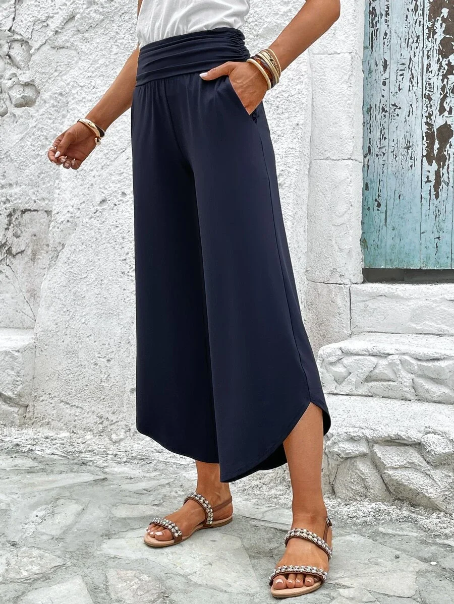 Loose Plain Casual Solid Slant Pocket Ruched Waist Straight Leg Pants