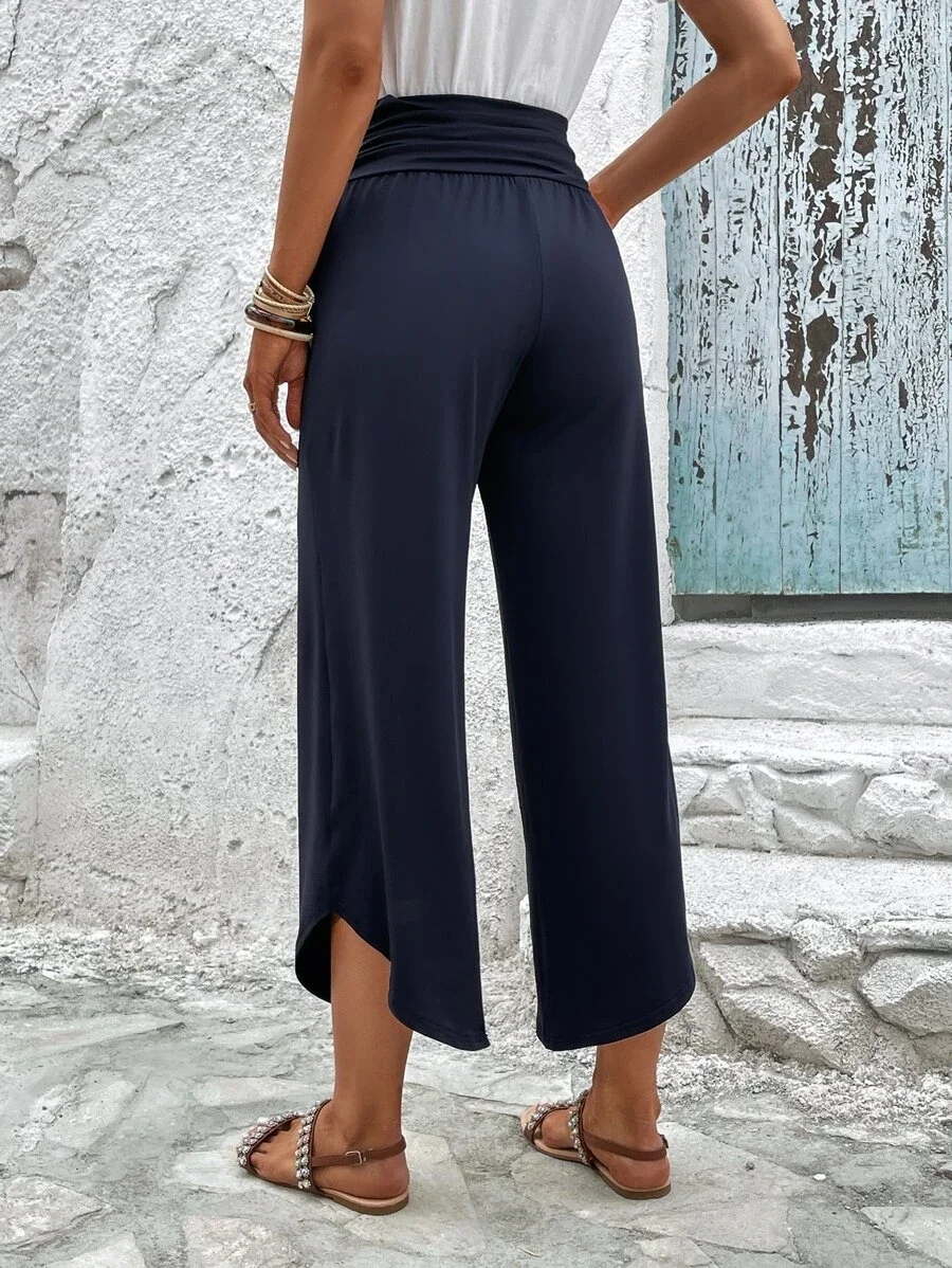 Loose Plain Casual Solid Slant Pocket Ruched Waist Straight Leg Pants