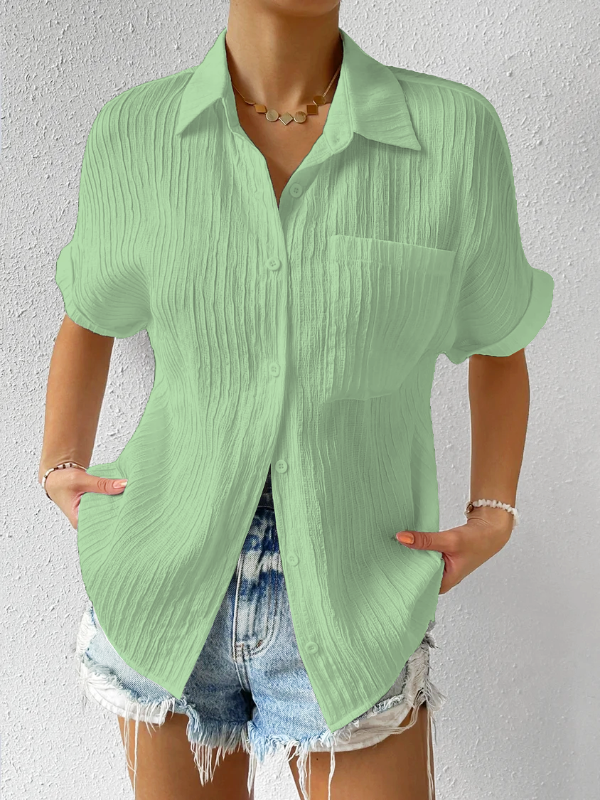 Shirt Collar Casual Buttoned Loose Blouse