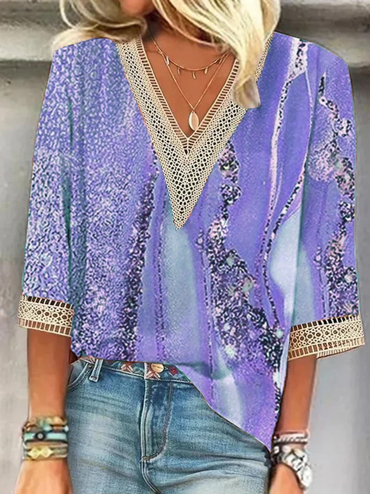 Loose Abstract Print V Neck Casual Shirt