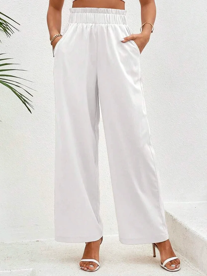 Cotton Casual Plain Paperbag Waist Wide Leg Pants