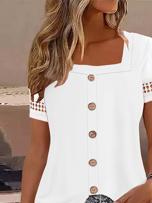 Square Neck Casual Lace Plain Shirt