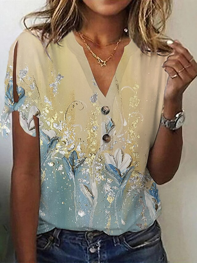 Floral Casual V Neck Loose Shirt