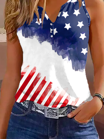 Loose Casual America Flag Half Open Collar Tank Top