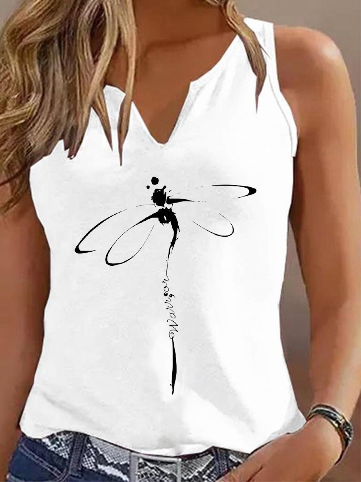Dragonfly Casual Notched Loose Tank Top
