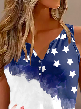 Loose Casual America Flag Half Open Collar Tank Top