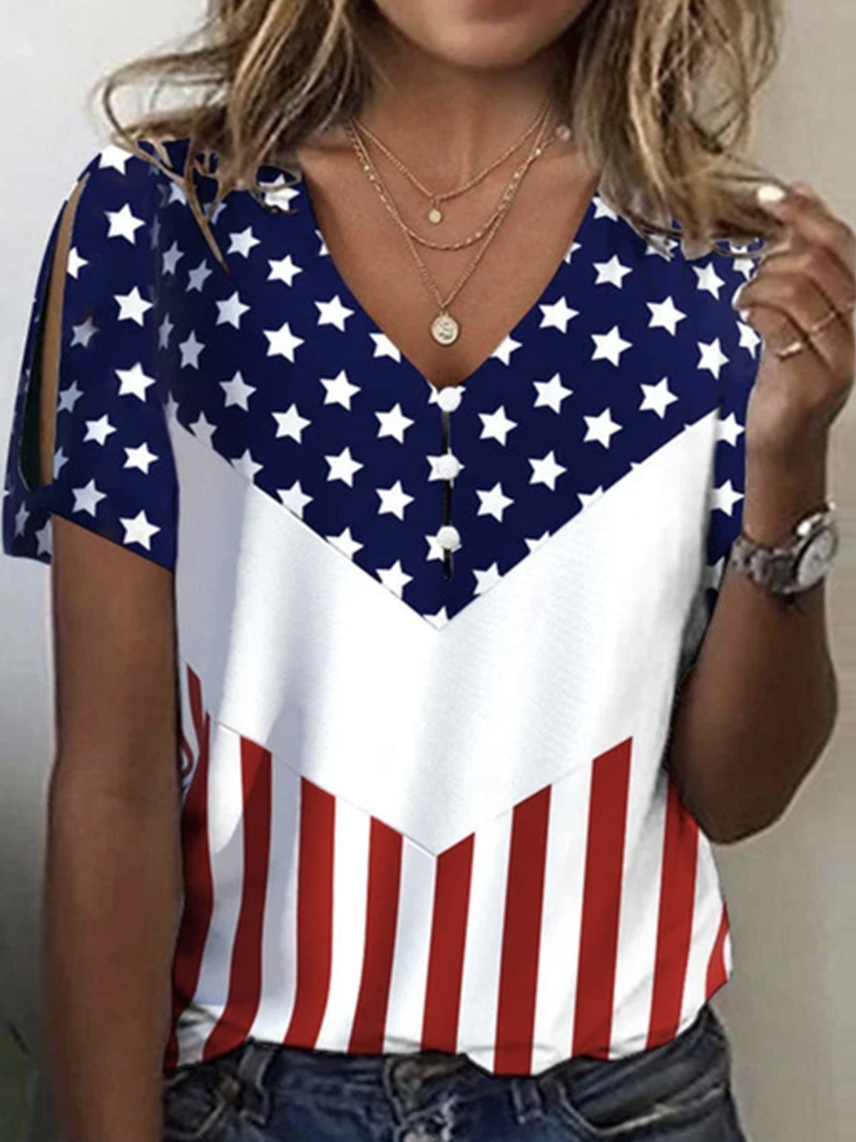 Loose Casual V Neck Independence Day Shirt