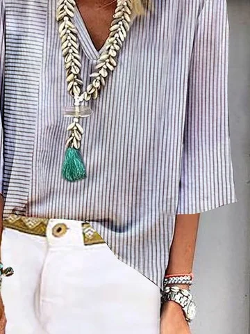Loose Casual Striped Printed V Neck Blouses
