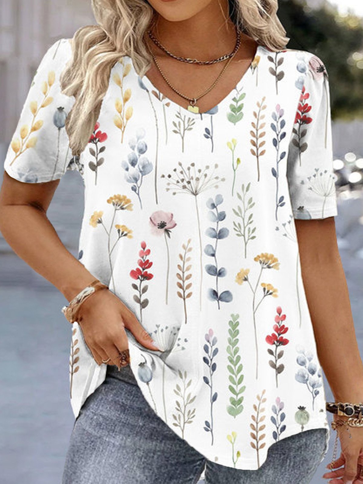 Plus Size Loose Floral Casual V Neck Shirt