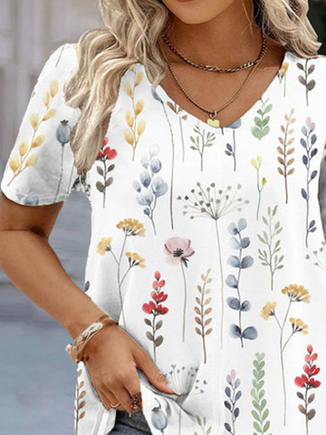 Plus Size Loose Floral Casual V Neck Shirt