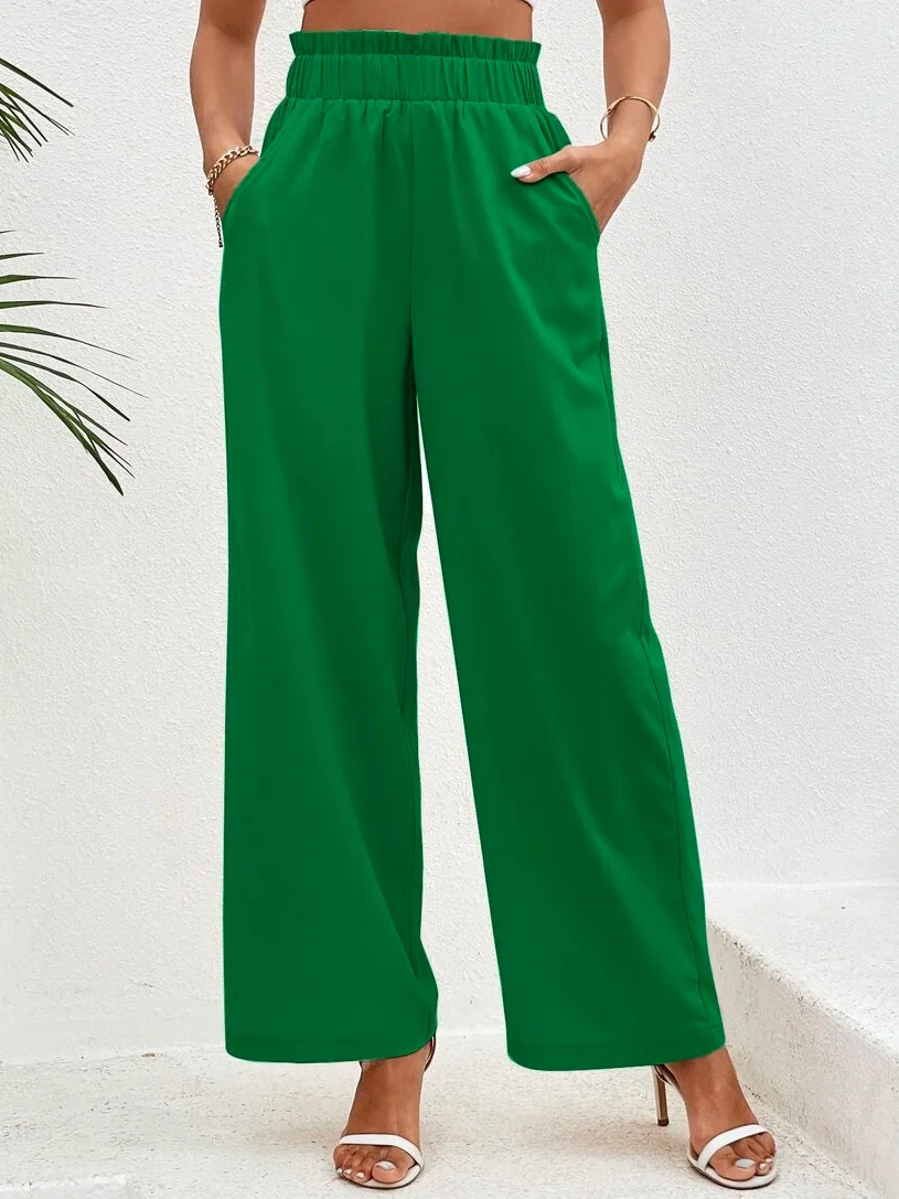 Cotton Casual Plain Paperbag Waist Wide Leg Pants