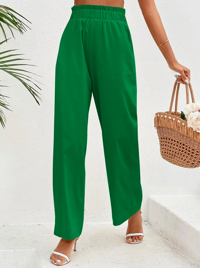 Cotton Casual Plain Paperbag Waist Wide Leg Pants