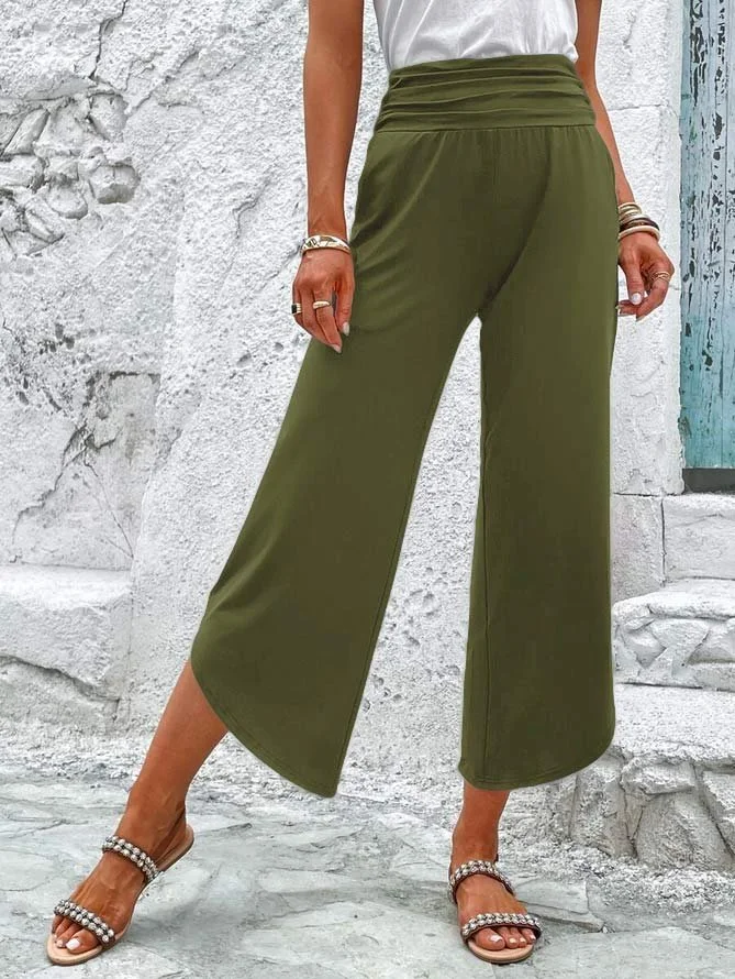 Loose Plain Casual Solid Slant Pocket Ruched Waist Straight Leg Pants