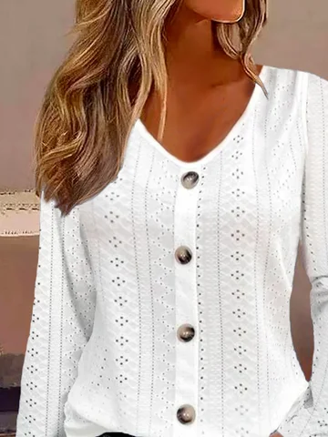 Buttoned Plain Casual Eyelet Embroidery Shirt