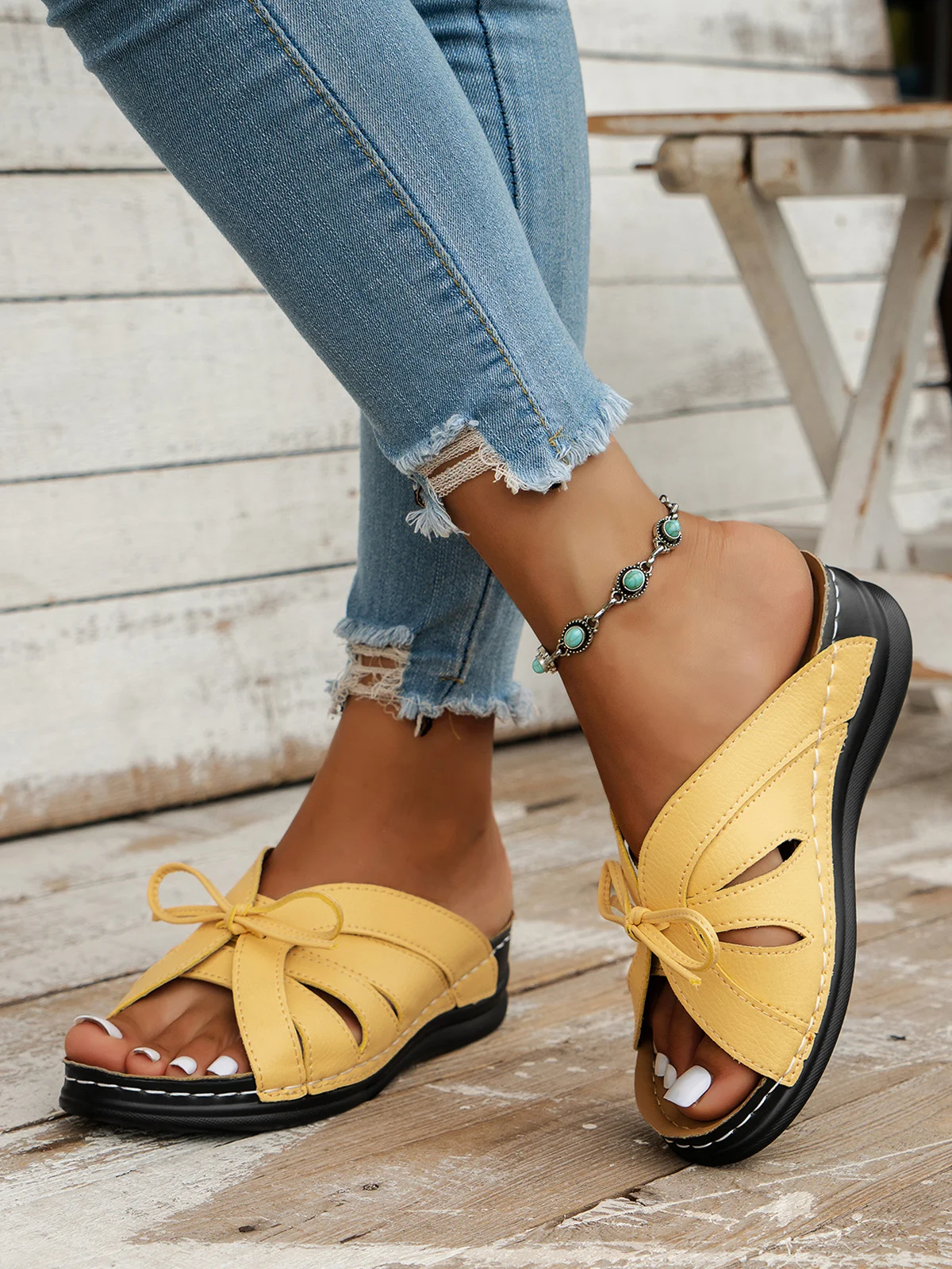 Women's Leisure Sandals Casual Bowknot Hollow out Comfy Wedge Heel Slide Toe-revealing Sandals