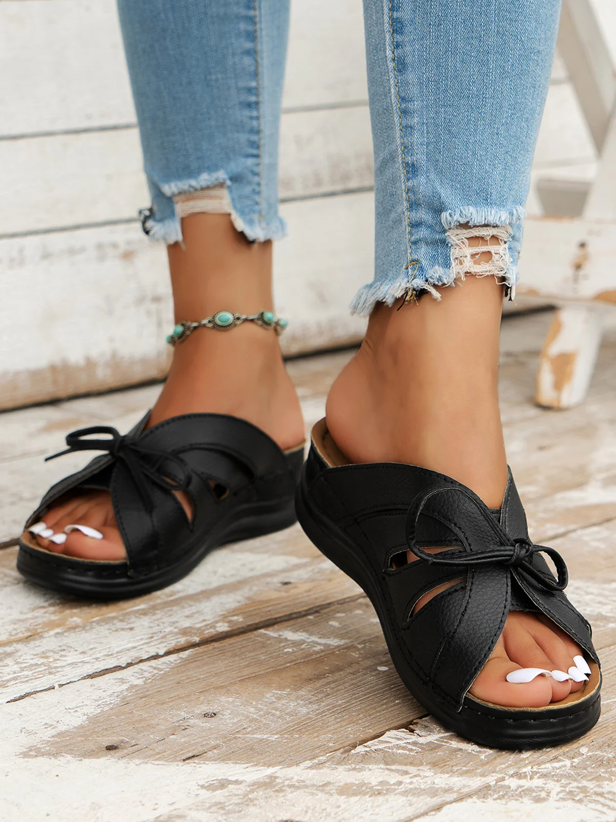 Casual Bowknot Hollow out Comfy Wedge Heel Slide Sandals | noracora