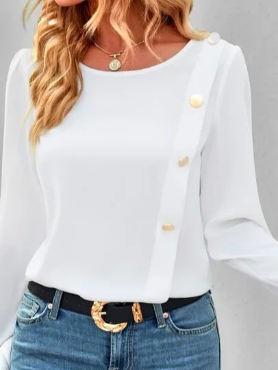 Loose Crew Neck Elegant Plain Button Detail Blouse