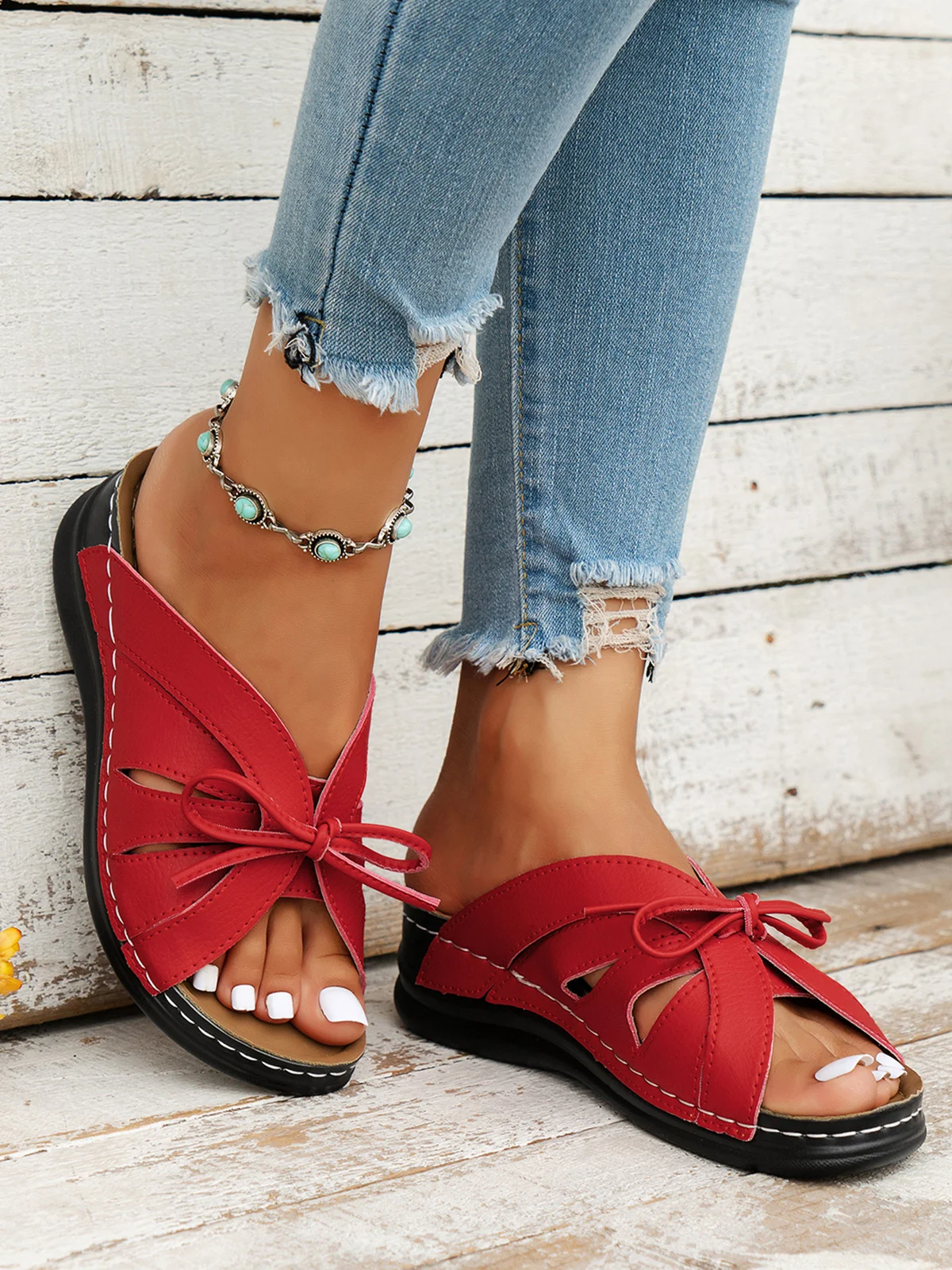 Women's Leisure Sandals Casual Bowknot Hollow out Comfy Wedge Heel Slide Toe-revealing Sandals
