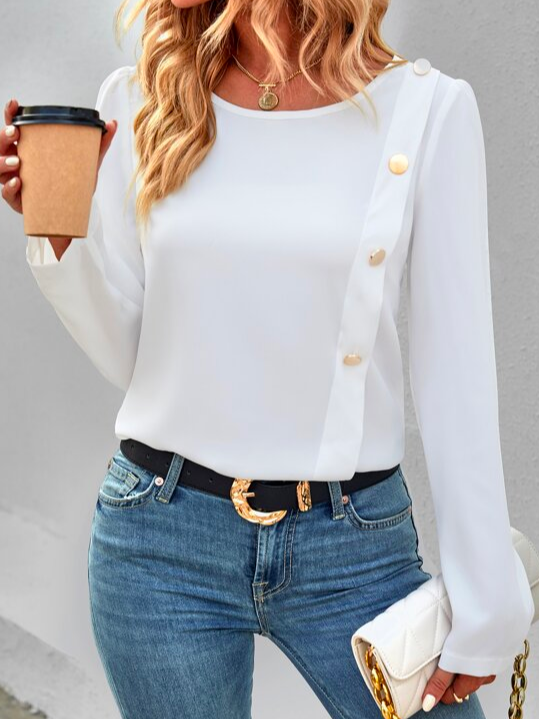 Loose Crew Neck Elegant Plain Button Detail Blouse