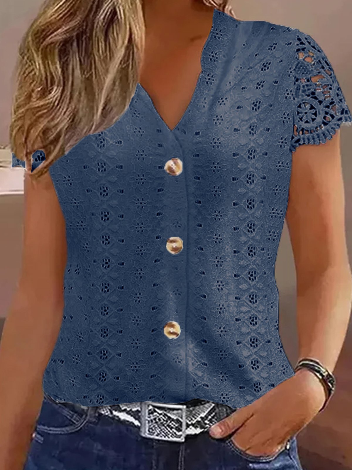 Loose Casual Lace V Neck Blouse