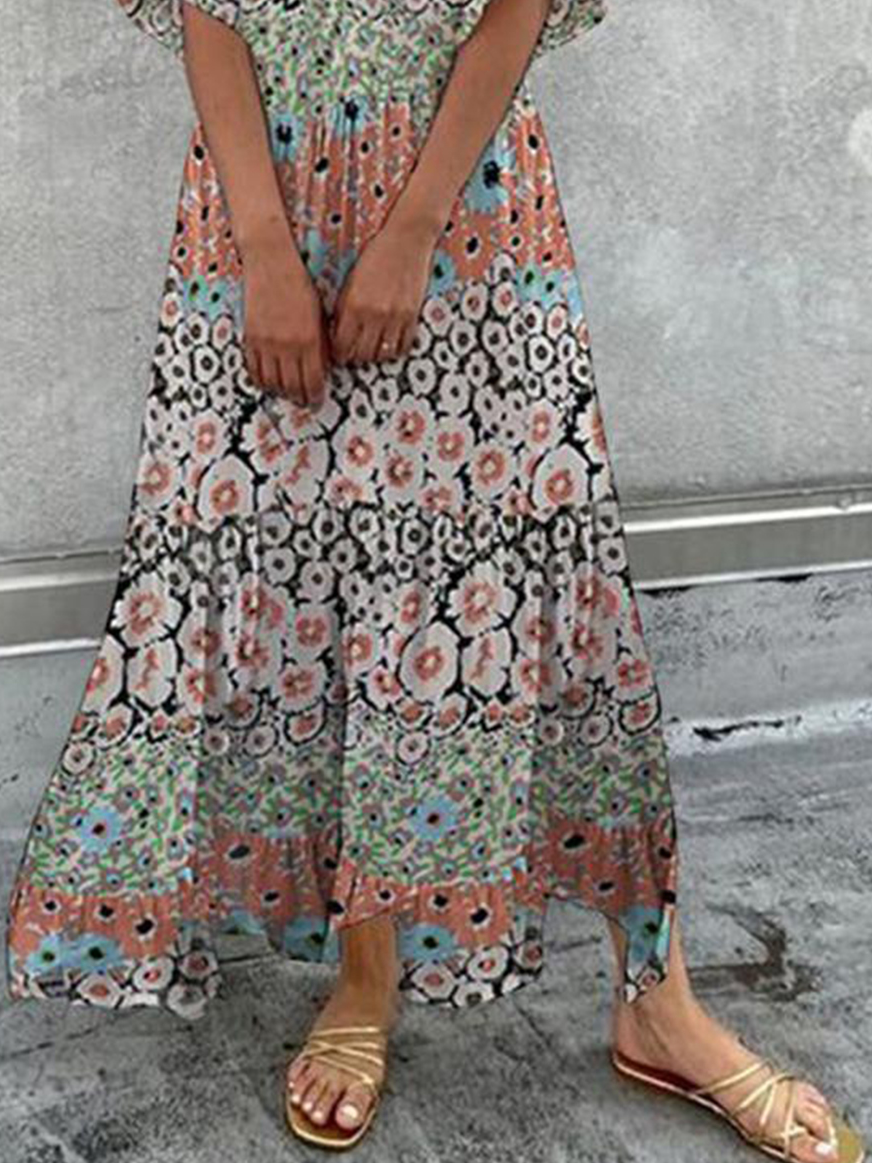 Women Floral V Neck Half Sleeve Comfy Elegant Maxi Dress