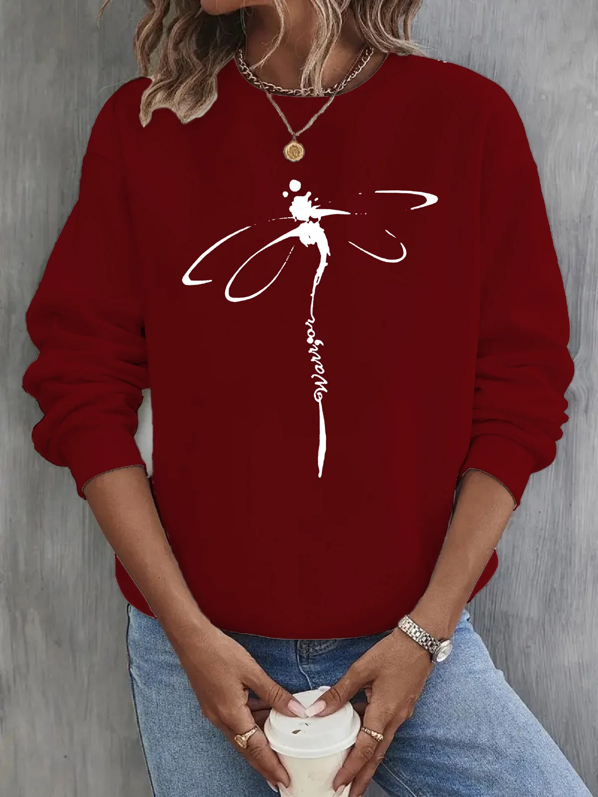 Casual Crew Neck Dragonfly Sweatshirt