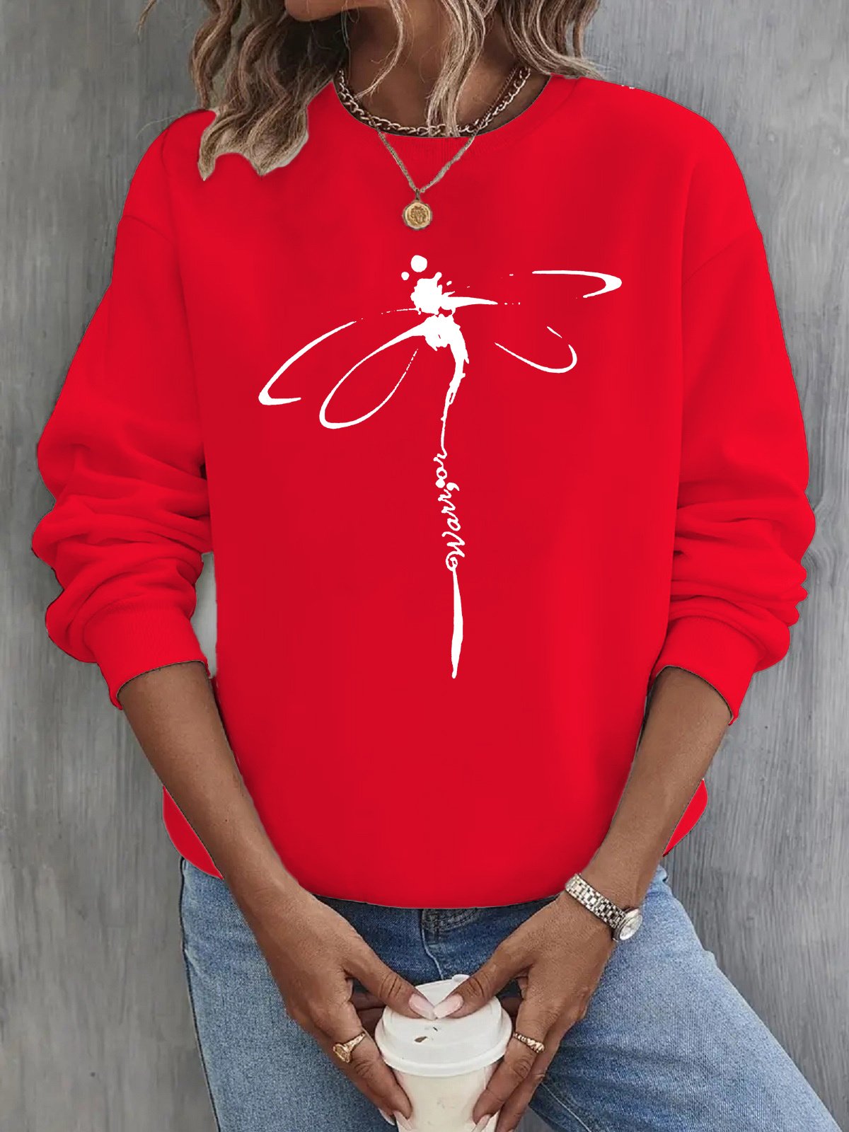 Casual Crew Neck Dragonfly Sweatshirt