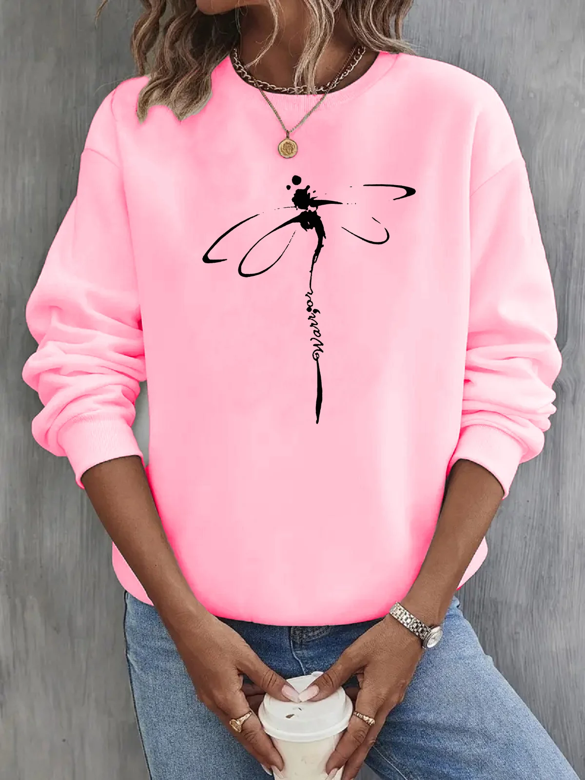 Casual Crew Neck Dragonfly Sweatshirt