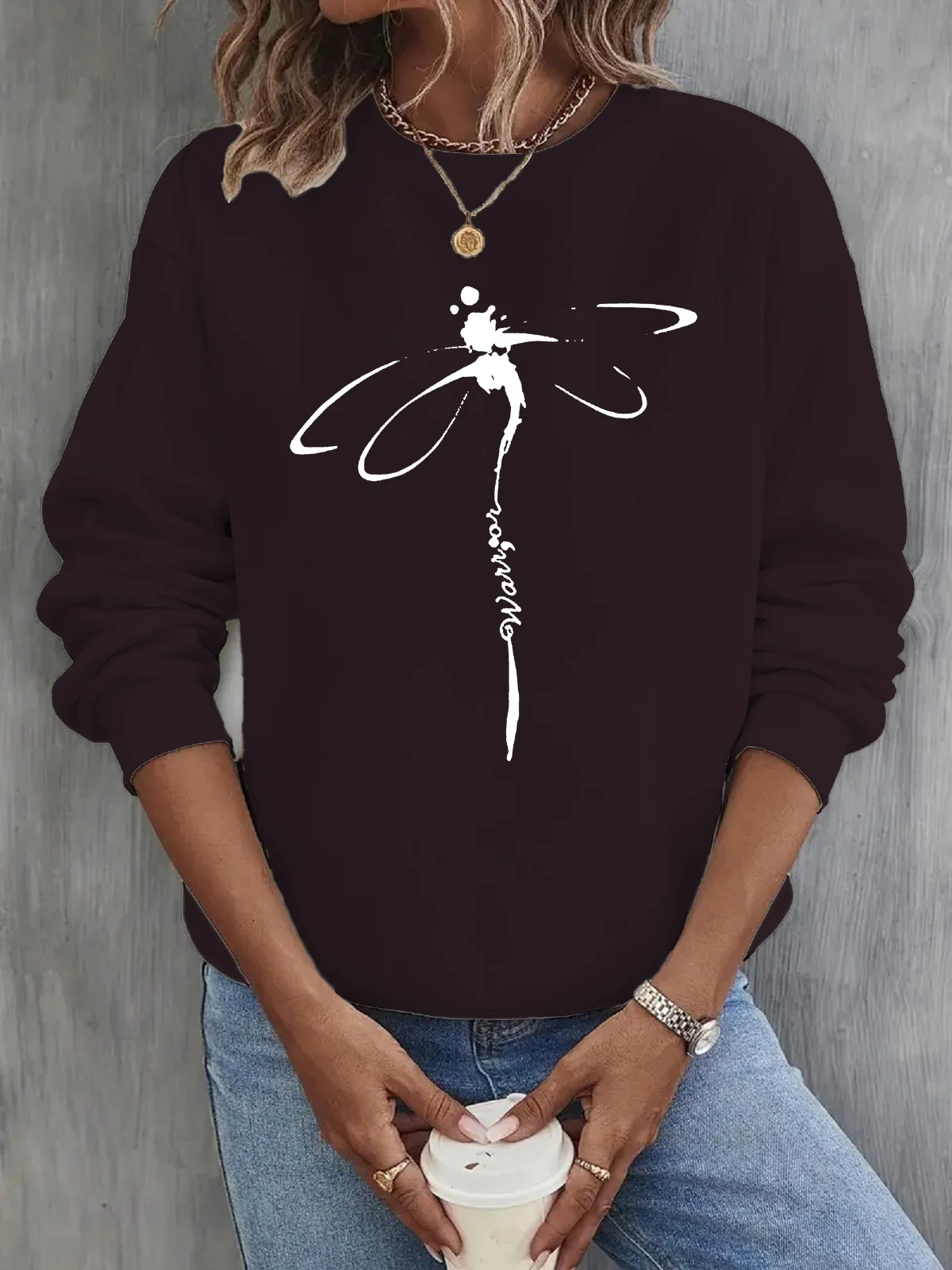 Casual Crew Neck Dragonfly Sweatshirt