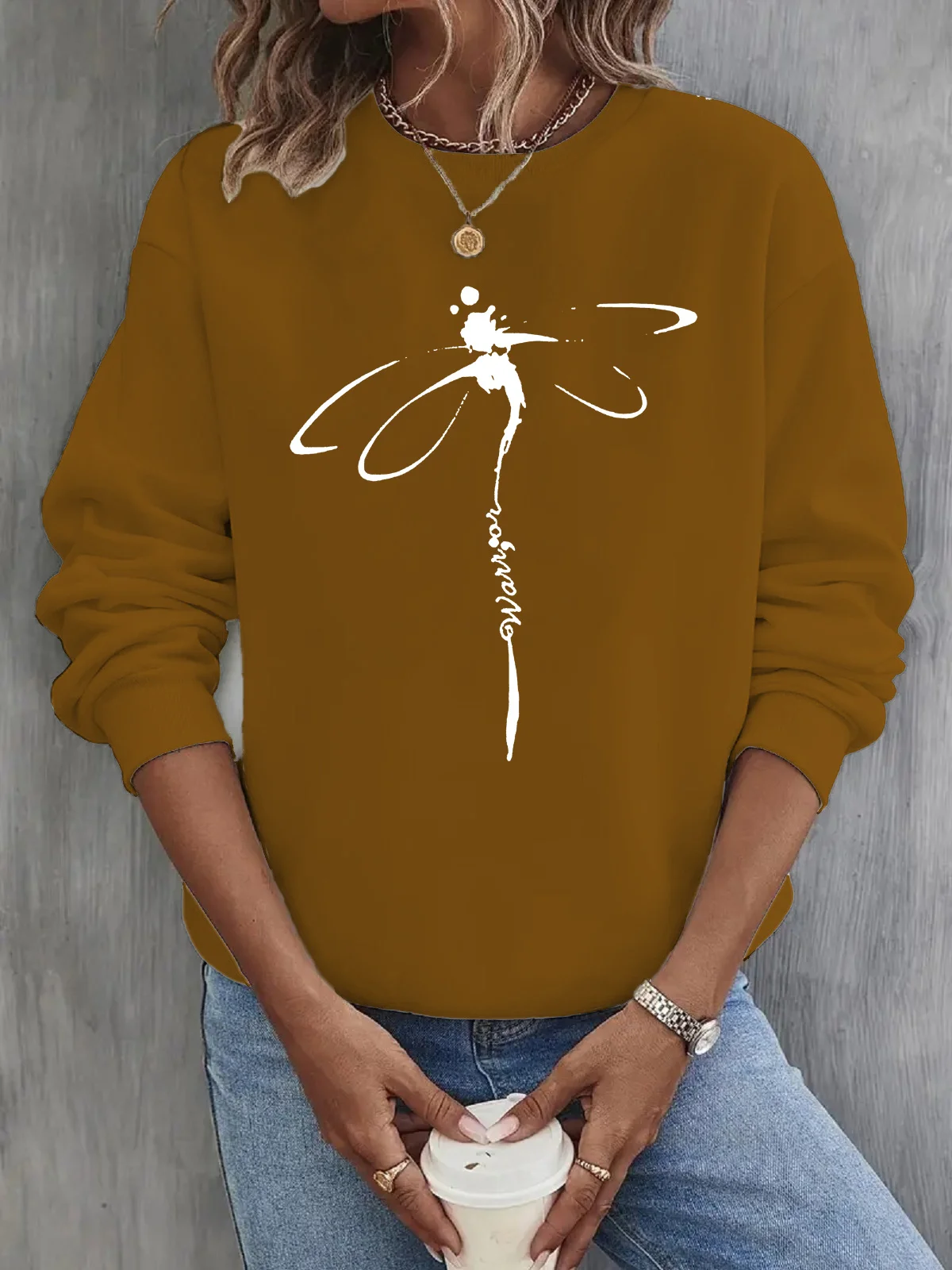 Casual Crew Neck Dragonfly Sweatshirt