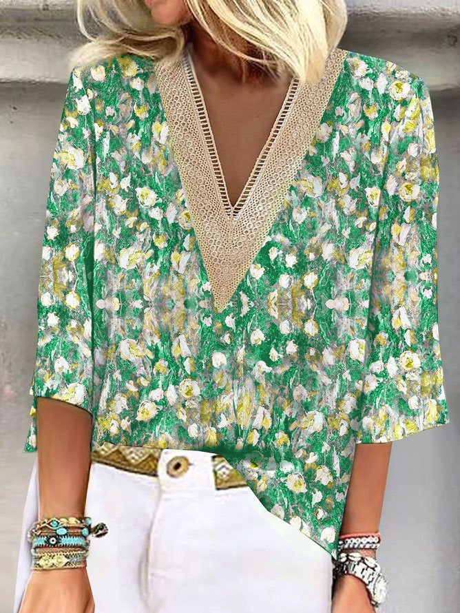 V Neck Casual Abstract Print Blouses