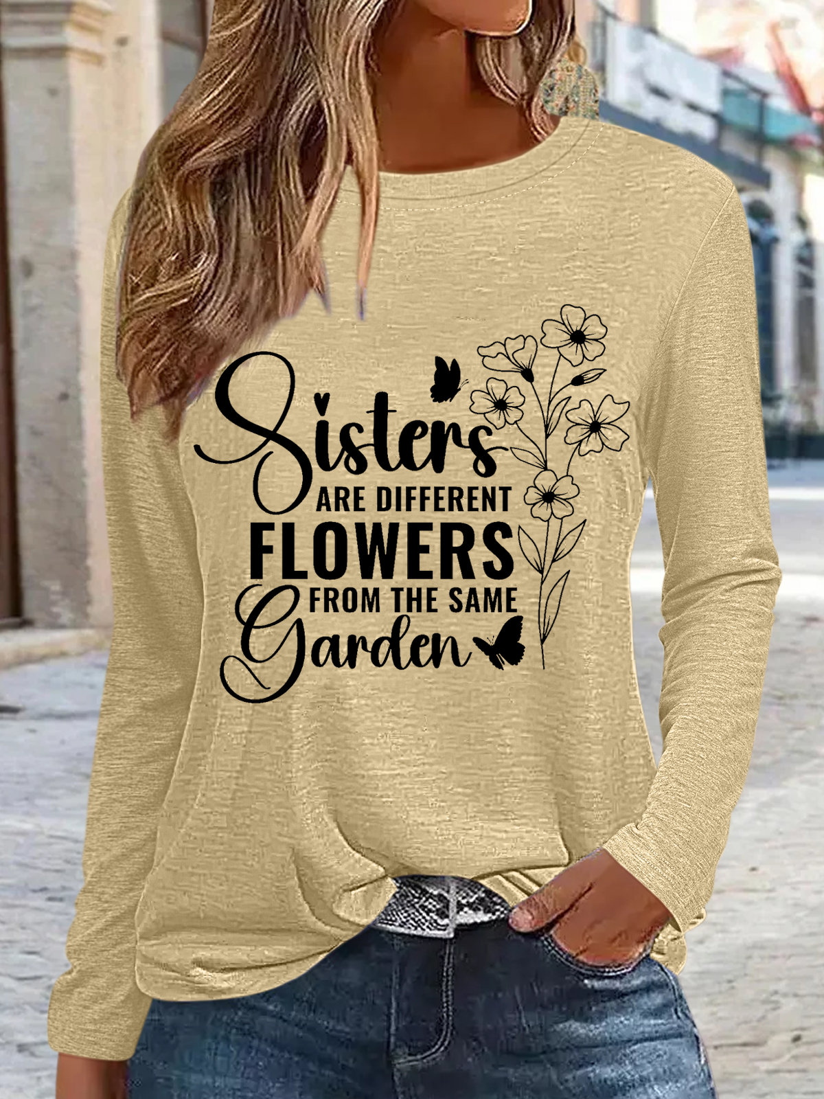 Crew Neck Long Sleeve Text Letters Lightweight Micro-Elasticity Regular Fit Blouse For Women