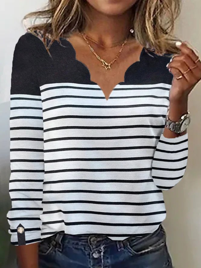 Casual Striped V Neck Long Sleeve T-shirt