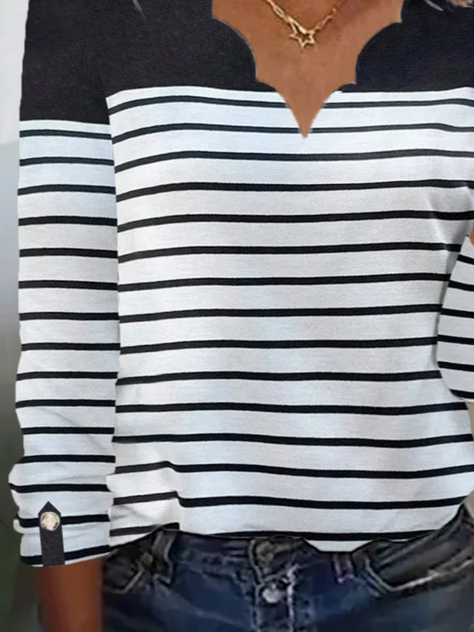 Casual Striped V Neck Long Sleeve T-shirt