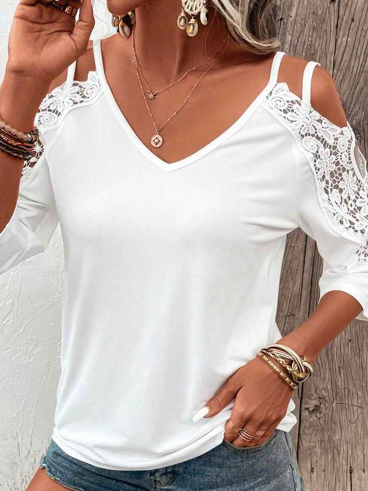 Spaghetti Three Quarter Sleeve Plain Lace Regular Micro-Elasticity Loose Shirt For Women 2023