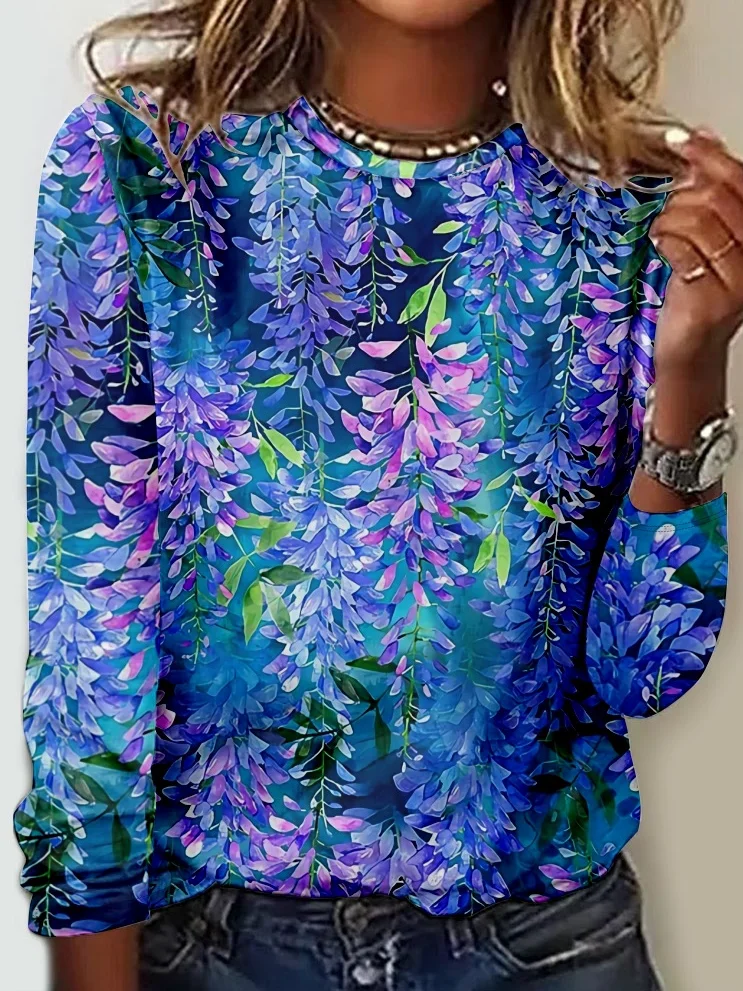 Crew Neck Long Sleeve Blue Floral Regular Micro-Elasticity Regular Fit Blouse For Women