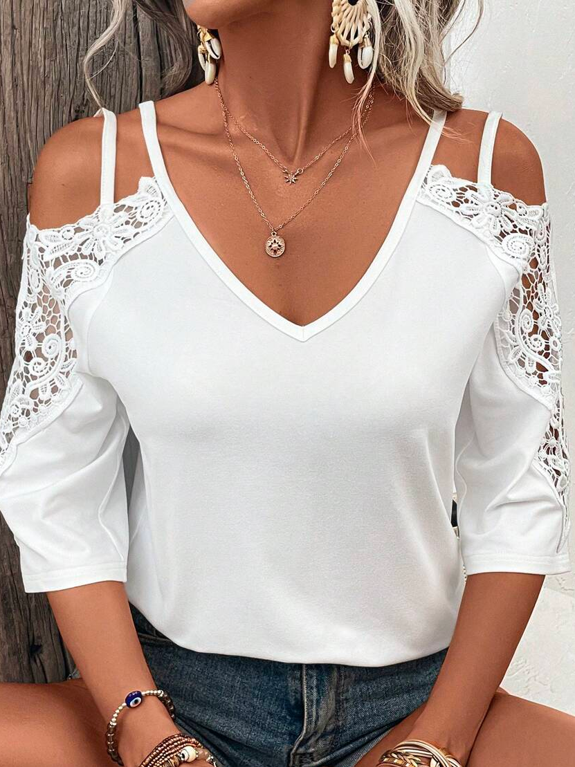 Spaghetti Three Quarter Sleeve Plain Lace Regular Micro-Elasticity Loose Shirt For Women 2023