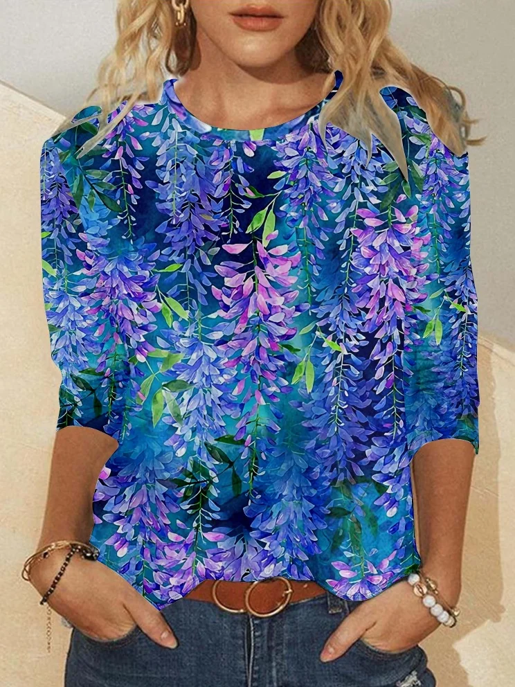 Crew Neck Long Sleeve Blue Floral Regular Micro-Elasticity Regular Fit Blouse For Women