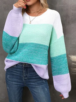 Women Color Block Long Sleeve Comfy Casual Sweater