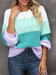 Women Color Block Long Sleeve Comfy Casual Sweater