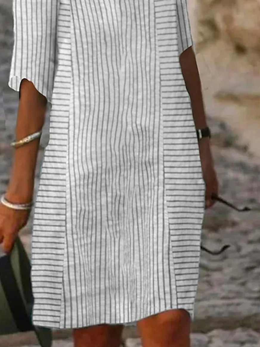 Women Striped V Neck Three Quarter Sleeve Comfy Casual Midi Dress