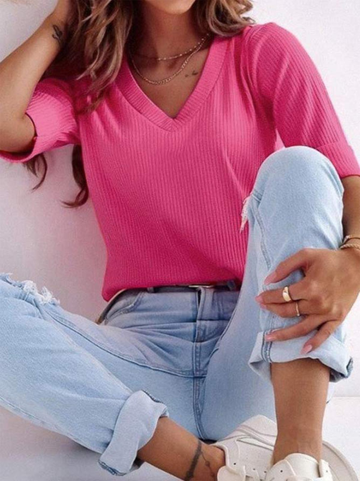 Women's Casual Pink Plain V Neck Half Sleeve Soft Comfy T-shirt