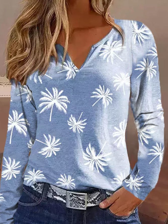 Casual Coconut Tree V Neck Long Sleeve T-shirt