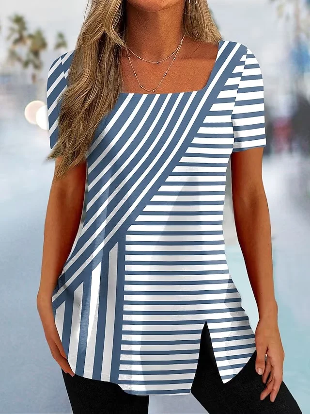 Striped Casual Square Neck Loose T-Shirt